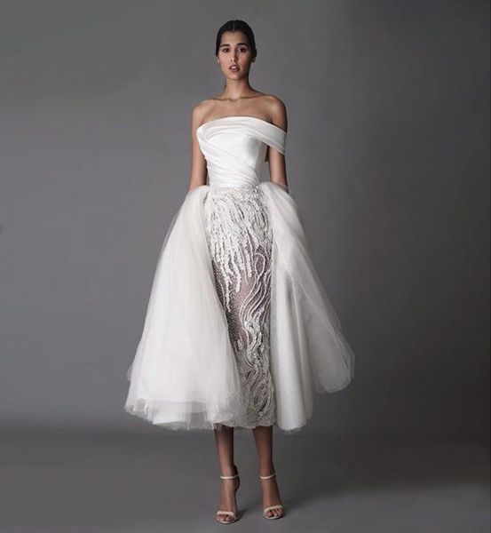 

stylish overskirt sheath wedding dresses beaded off the shoulder short beach bridal gowns tea length satin vestido de novia8974913, White