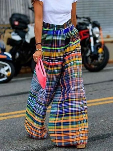 

women's two piece pants female streetwear wide leg vintage plaid printed casual bottoms for women 2023 summer autumn loose trousers har, White