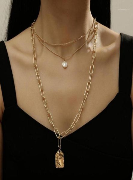 

chokers punk multi layer imitation pearl choker necklace collar statement square head portrait relief pendant women jewelry18099929, Golden;silver