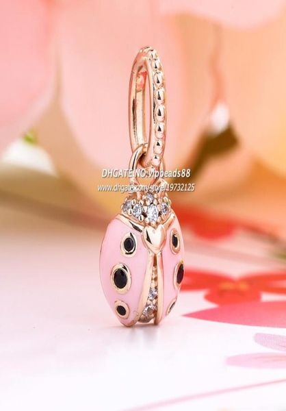 

2019 spring release rose gold lucky pink ladybird pendant with enamel & clear cz pendant charm fits all european bracelets necklaces4142516