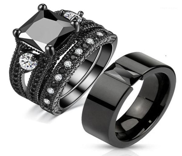 

black nano zircon black gold plated ring luxury gold men and women combination couple ring bridal engagement gift19540444, Slivery;golden