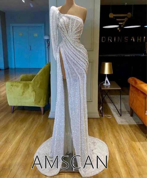 

glitter white sequins mermaid evening dresses long sleeves elegant one shoulder formal evening gowns side split long party pr9347912, Black;red