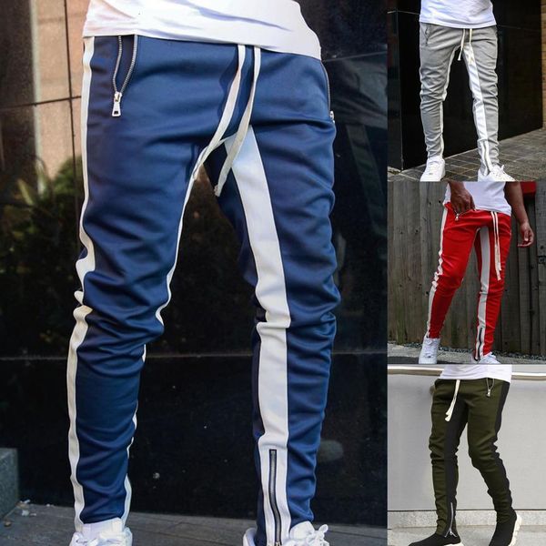 

men s jeans men jogger pants fitness bodybuilding gym long sweatpants contrast colors elastic waist drawstring breathable autumn trousers 23, Blue