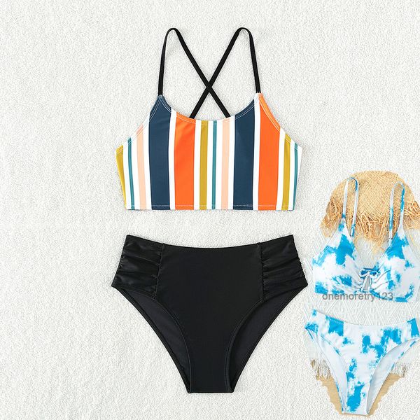 

girls leopard print two piece swimsuit fashion girl tie-dyed bikini set 7-16t kids simple striped swimwear 4 style, Blue