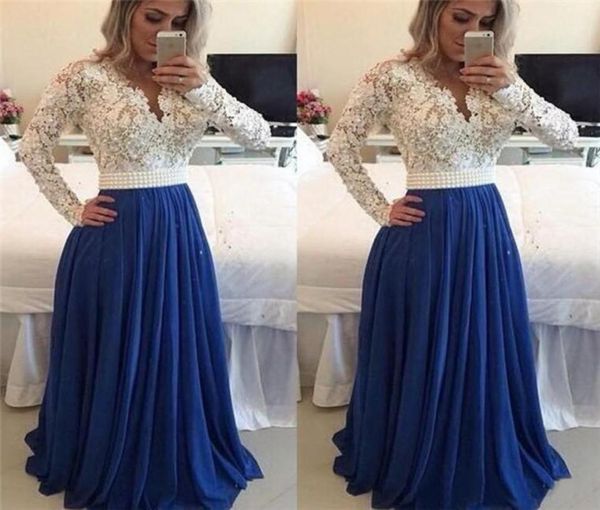 

long sleeves lace prom dresses pearls beaded blue chiffon evening dress a line formal party dress long pageant gowns6631930, Black