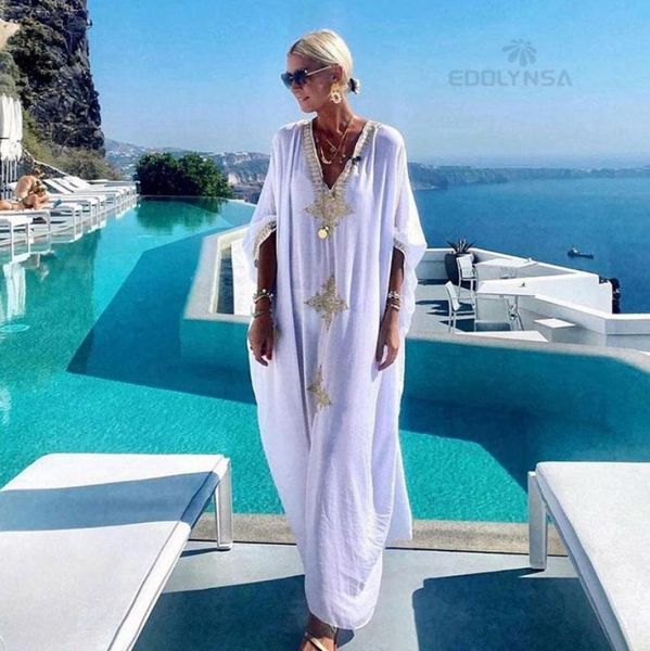 

party dresses 2022 elegant gold embroidered kaftan retro vneck white dress plus size women clothes summer beach wear swim maxi n14137693, White;black