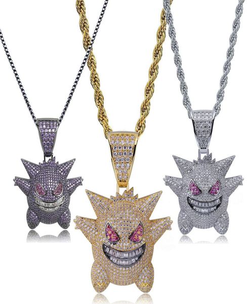

hip hop bling bling iced out necklace gengar full 3a cubic zircon copper pendant necklace creative design jewelry for men gift6769260, Silver