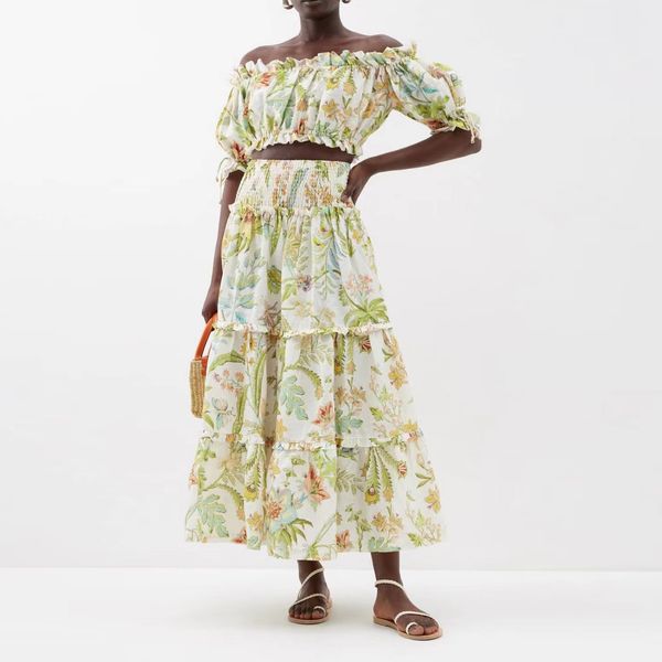 

australian designer women's floral printed linnen slash neck short long skirt, White