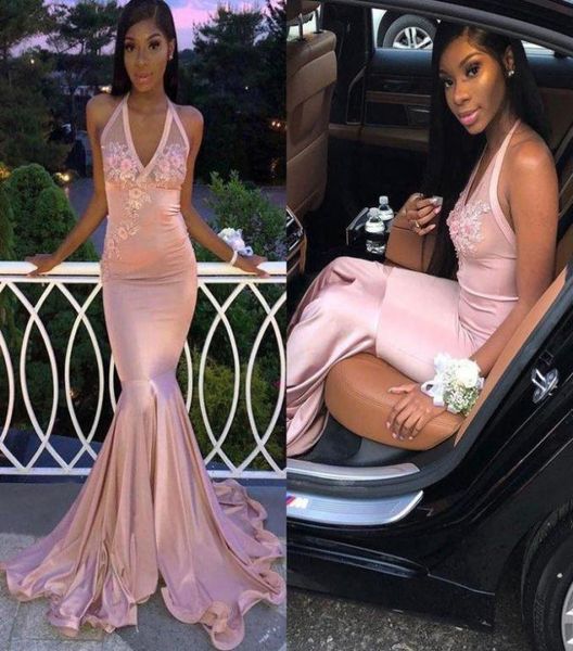 

sweep train silk like satin mermaid prom dresses v neck backless lace applique african evening gowns bc36219785064, Black
