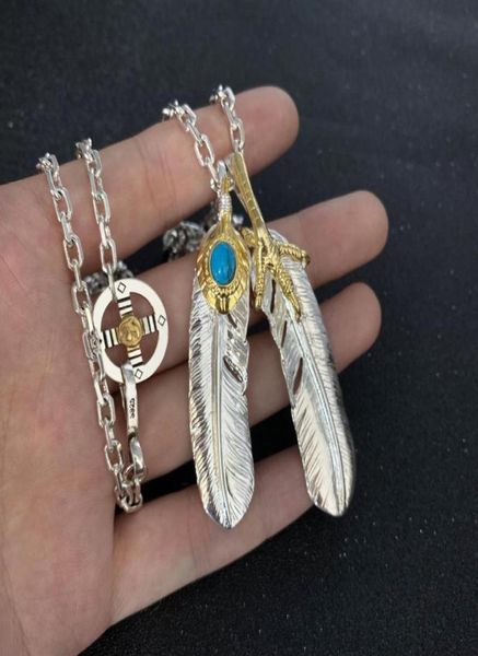 

chains takahashi goro039s goldplated eagle claw inlaid blue turquoise feather necklace japanese men039s allmatch sweater c7364021, Silver