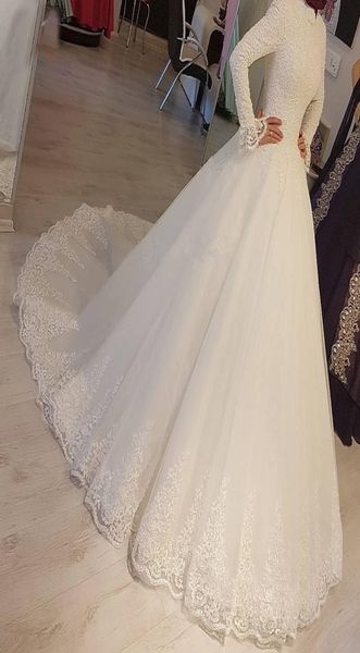 

2022 modest arabic muslim ivory wedding dress princess high neck long sleeve lace appliques islamic bridal dresses robe de mariage5213874, White