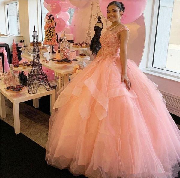 

selling puffy tulle quinceanera dresses with applique beaded scoop capped sleeves sweet 16 prom party formal gowns4345230, Blue;red