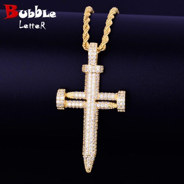 

icedout nail shape cross pendant for women men material copper cubic zircon gold color hip hop rock street jewelry bling charm pe9253123, Silver