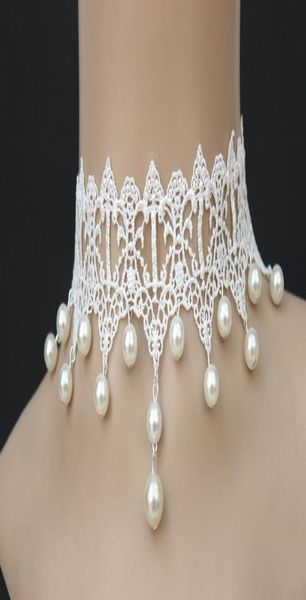 

vintage design lace choker necklace faux pearl jewelry for bridal bohemia handmade adjustable wedding accessories on 5896953, White