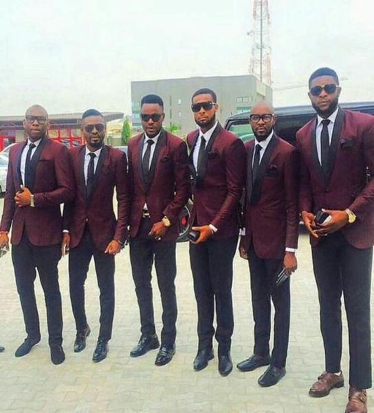 

latest burgundy men suits groom wedding tuxedo black pants blazers jacket double breast groomsmen outfits 2piece slim fit terno ma6554949, Black;gray