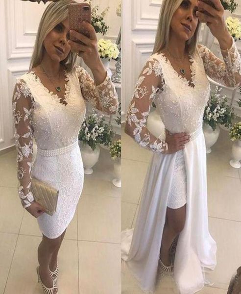 

white lace evening dresses with detachable train appliques pearls illusion long sleeves formal party prom gowns knee length short 7154531, Black;red