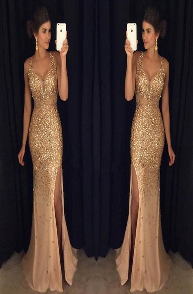 

champagne luxury vneck mermaid evening dresses 2022 sleeveless formal dress open fork in dress1691062, Black;red