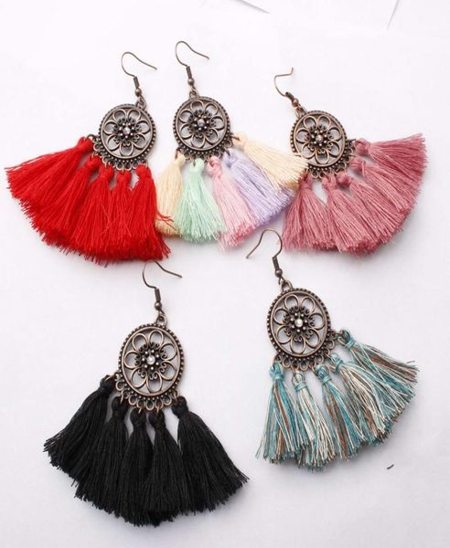 

boho fringe tassel earrings with vintage hollow rosette floral disc for women retro flower tassels bohemian statement earrings jew9669954, Silver