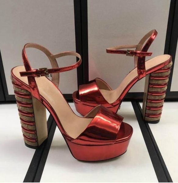 

202 high heeled sandals luxury designer patent leather ankle wrap 13cm chunky heel cool shoes fashionable colorful heels platform womens cla, Black
