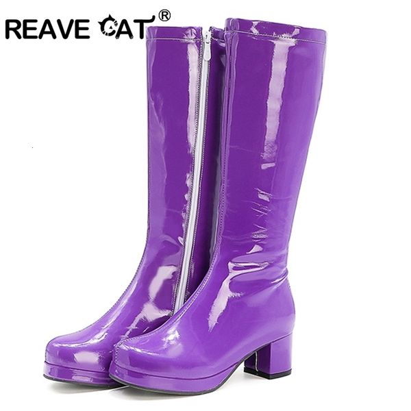 

boots reave cat autumn candy sweet knee-high boots round toe square heel pu zipper big size 33-46 yellow green purple orange s1981 230714, Black