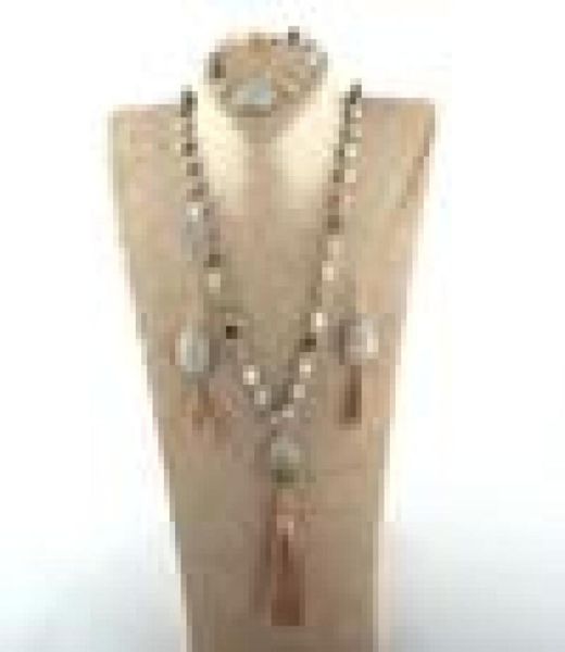 

fashion jewelry set natural stone rosary chain stone link tassel necklace bracelet earring set y2006024034857, Slivery;golden