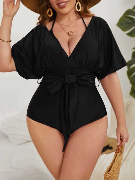 

women's plus solid belted one piece swimsuit, Black