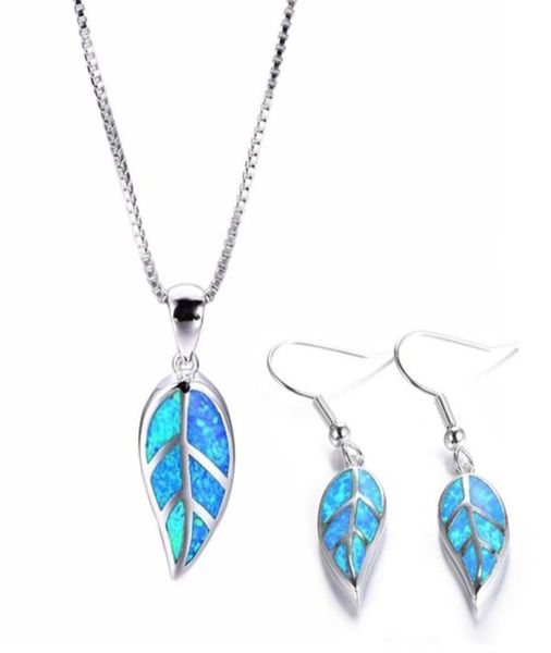 

earrings necklace fashion leaves accessories set for women imitation blue fire opal plant pendant wedding jewelry5345799, Silver