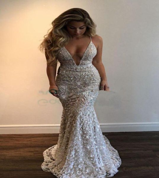 

2019 luxury plunging v neck evening dress beads lace backless formal celebrity holiday wear prom party gown custom made plu9404436, Black;red
