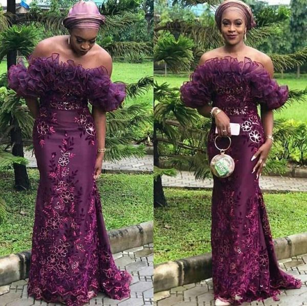 

aso ebi purple mermaid evening dresses arabic appliques lace prom dress plus size off the shoulder ruffles formal party gowns7824604, Black;red