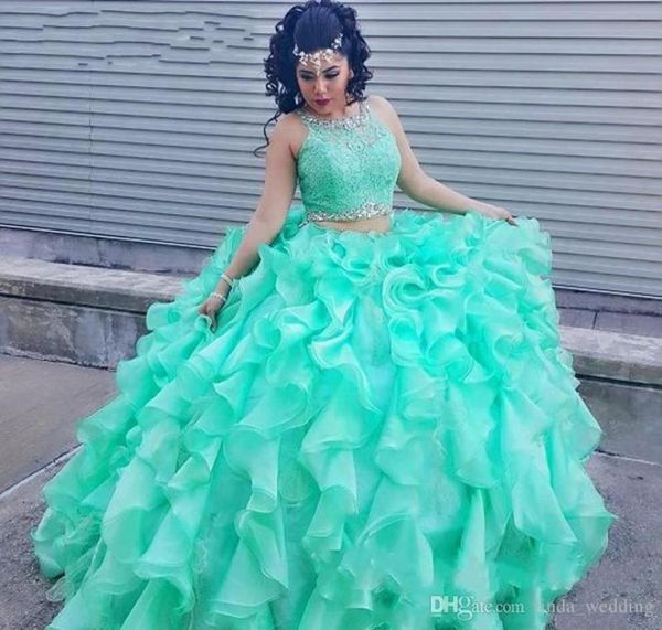 

2019 mint green two pieces quinceanera dress princess cascading puffy sweet 16 ages long girls prom party pageant gown plus size c5137359, Blue;red