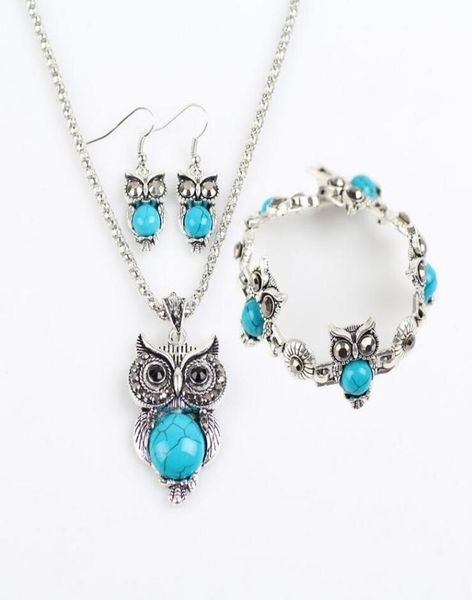 

silver jewelry sets turquoise owls earrings pendant necklaces bracelets set for women girl party gift fashion jewelry whole 073849826
