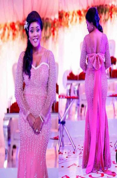 

pink long sleeve major beaded evening dresses tulle backless mermaid prom party gowns with bow custom made evening wear9194603, Black;red