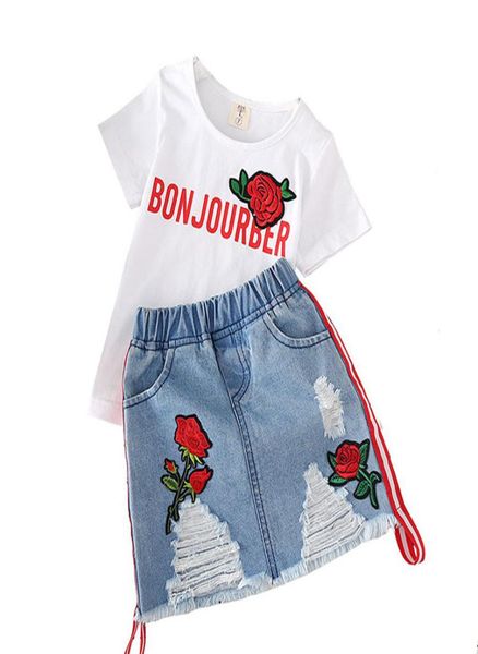 

kids designer clothes girls outfits children rose embroidered ole denim skirts 2pcsset 2021 summer boutique baby clothing se1162515, White