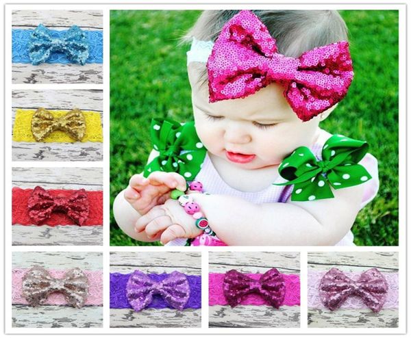 

baby lace headband girls kids elastic bow headbands sequined paillette bowknot hairbands children hair accessories 12 colors kha355623322, Slivery;white