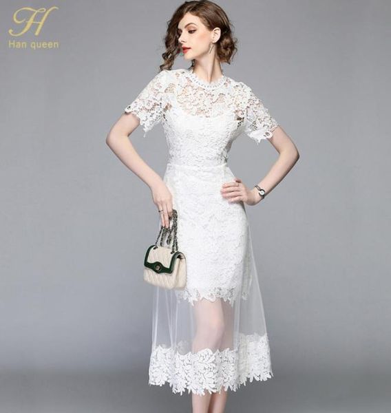 

h han queen summer mesh patchwork lace dress women oneck work casual party slim white long dresses vintage vestidos y19050809724952, Black;pink