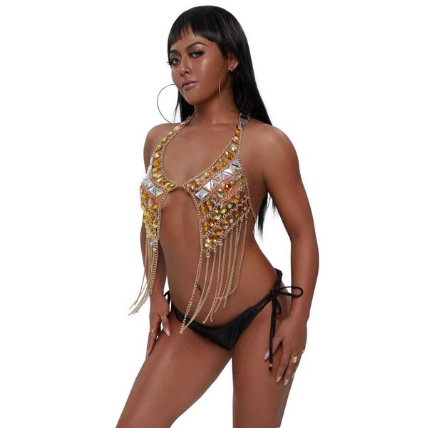 

costumes women039s tracksuits colorful gems two piece set women halter tassel hollow out metal crop patchwork wai8557828, Black