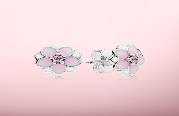

pink magnolia earrings beautiful women jewelry with original box for 925 sterling silver flower stud earring sets1948212, Golden;silver