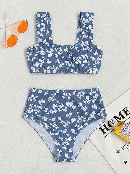 

women's floral high waisted bikini swimsuit, White;black