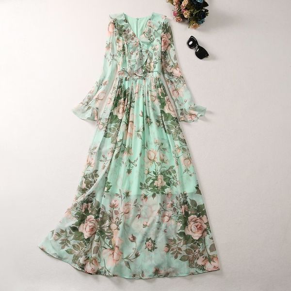 

european and american women's dress 2023 summer new style v-neck long sleeve green print fashion ruffled pleated dress xxl, Black;gray