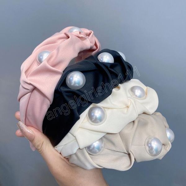

fashion hairband for women wide side pleated headband shining pearls turban autumn hair accessories wholesale, Slivery;white