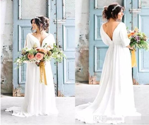 

vneck backless greek wedding dresses 2017 robe de mariage bohemian beach bride dress with sleeves country wedding dress3538745, White