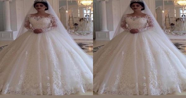 

2019 arabic glamorous bateau long sleeves princess wedding dress long custom made full lace princess bridal gowns sweep train9639040, White