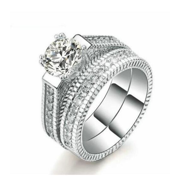 

silver color luxury 2 rounds bijoux fashion wedding ring set cubic zirconia jewelry for women as chirstmas gift1608250
