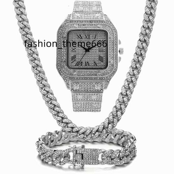 

chains chains iced out chain bling miami cuban link rhinestone watch necklaces bracelet women men jewelry set hip hop choker, Silver