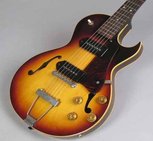 

rare 140 34 size short scale vintage sunburst semi hollow body electric guitar double f holes black p 90 pickups metal trapeze 9886015