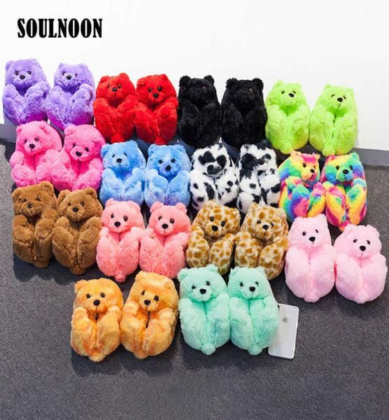 

teddy bear slippers for kids cute fluffy indoor slides winter warm shoes children039s home flip flops casual flats furry slippe4266080, Black;red