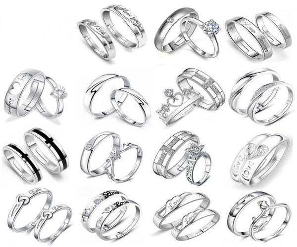 

fashion 30 pairs different design 925 silver lovers zircon opening adjustable ring jewelry for wedding engaged couple ring wholesa6655499, Slivery;golden