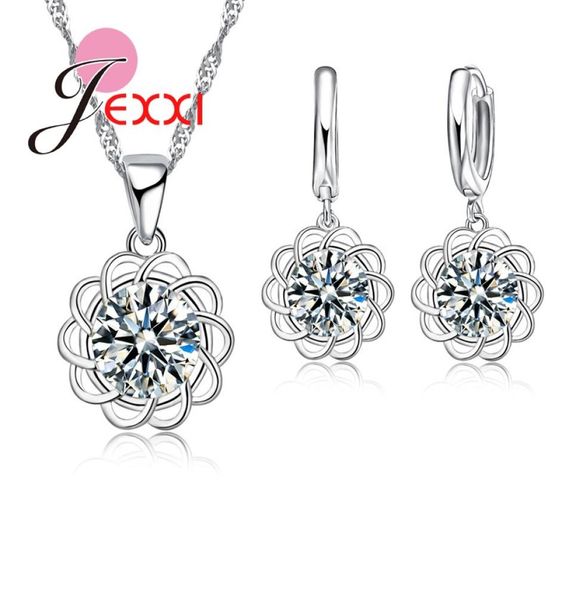 

jexxi charm women's fashion silver jewelry set with s925 stamp shiny cz crystal flower necklace earrings pin7985980