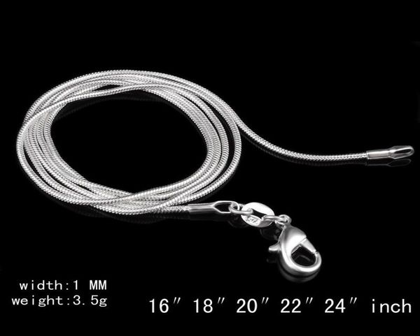 

big promotions 100 pcs 925 sterling silver smooth snake chain necklace lobster clasps chain jewelry size 1mm 16inch 24inch8901812
