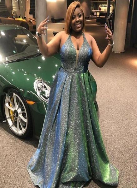 

glitter grey sequined plus size prom evening elegant dresses 2020 halter ruched empire waist special occasion dress african black 5086541